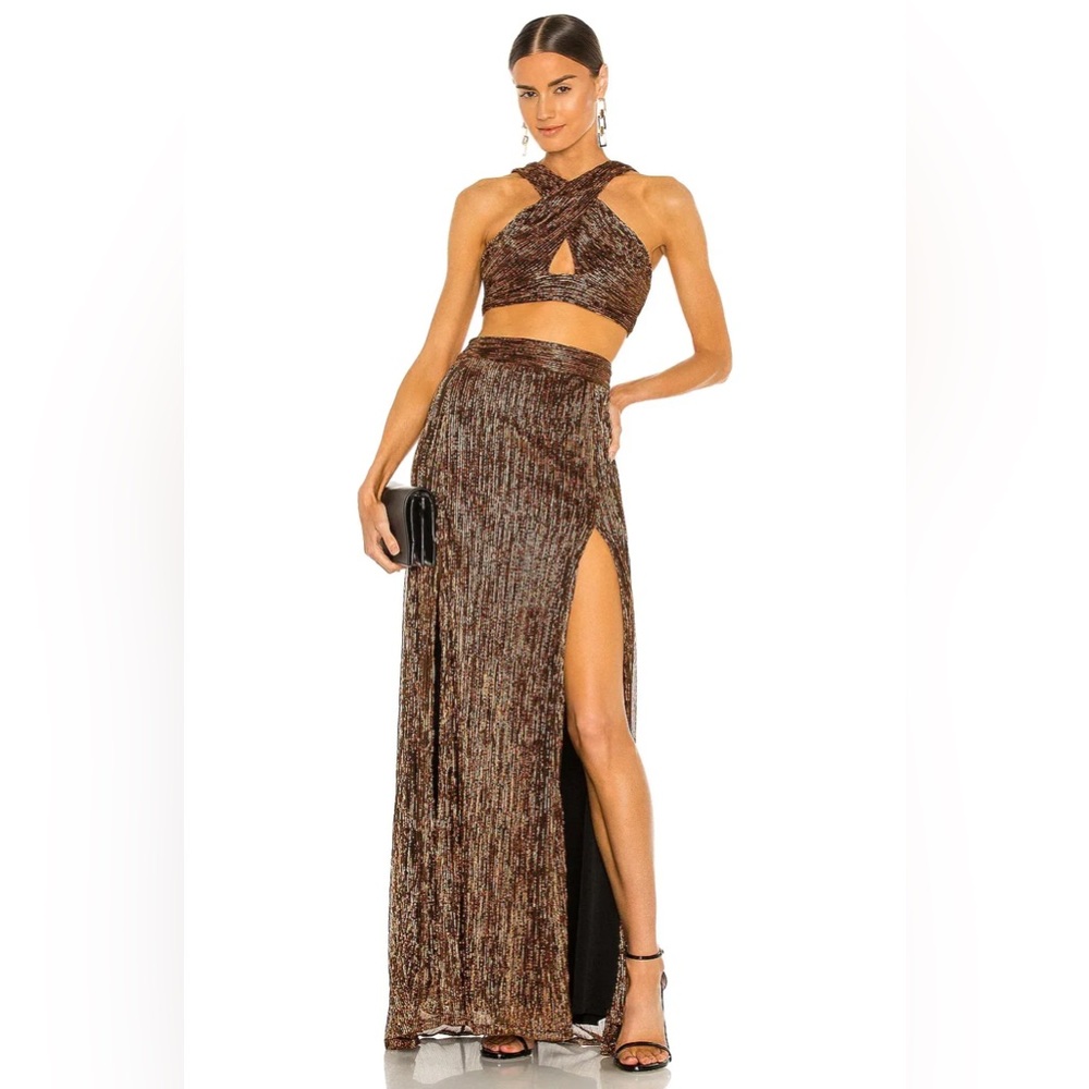 NOOKIE Alchemy Metallic Rust Brown Cross Over Crop Top & Maxi Skirt Set EUC S/M